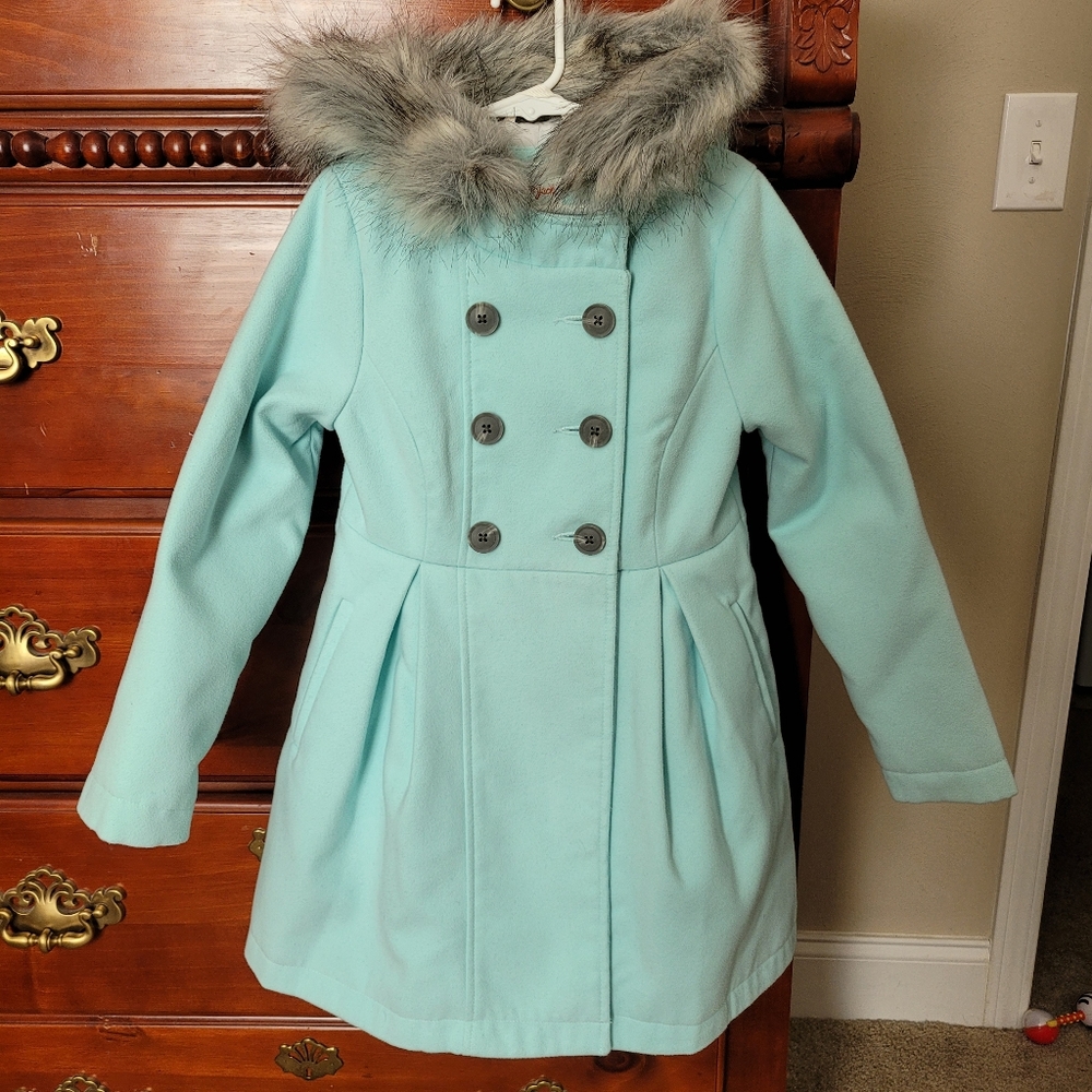 Cat & Jack Light Blue Pea Coat with Fur-Lined Hood